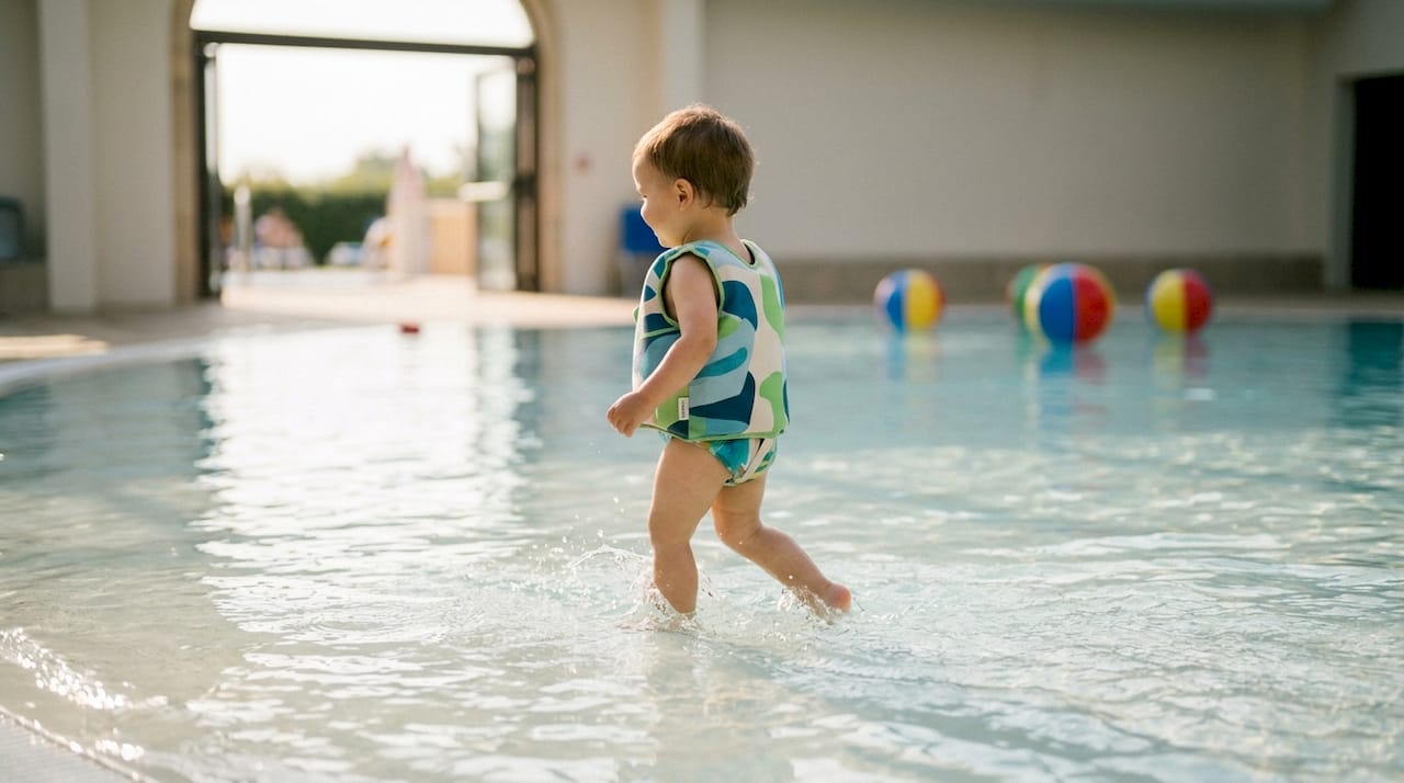 Ein kleines Kind planscht mit Schwimmweste im Pool.