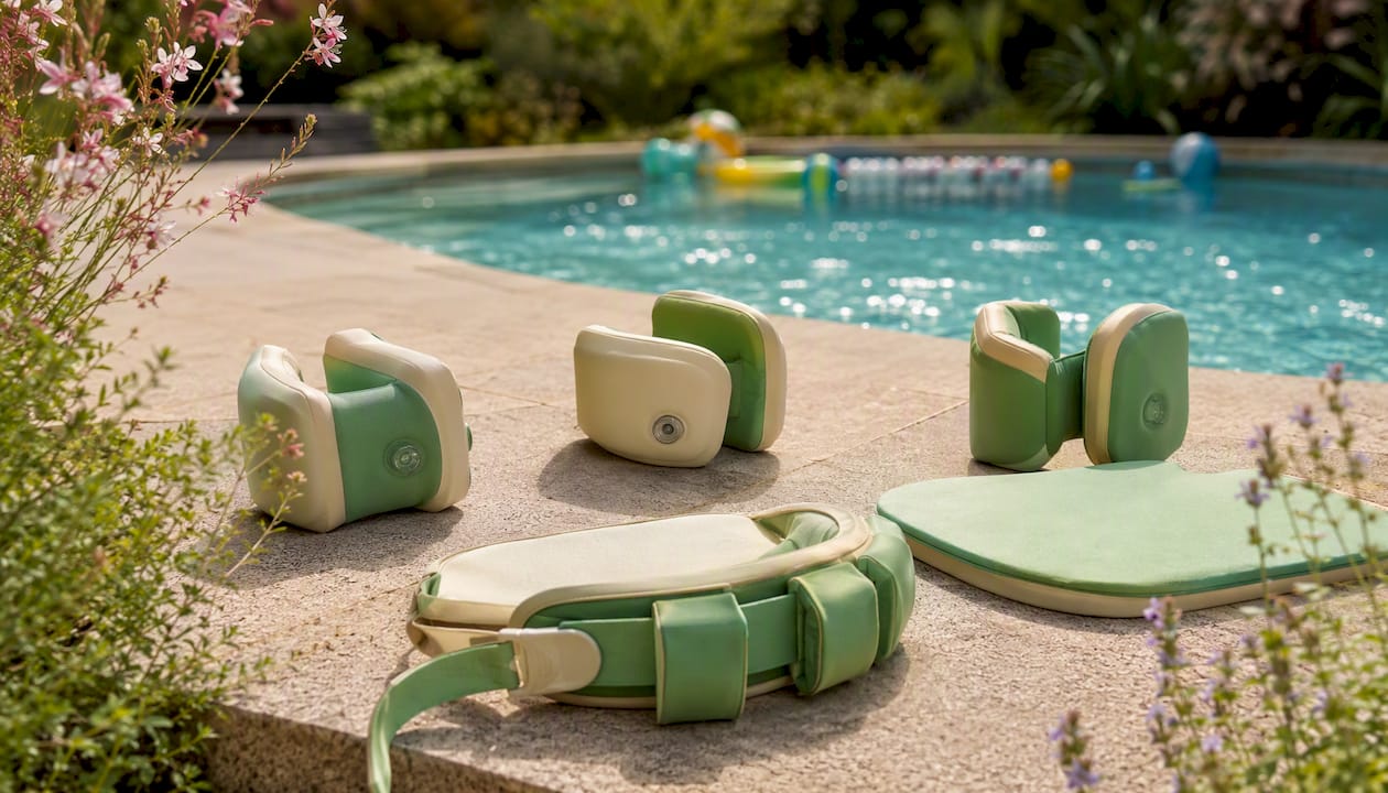 Schwimmflügel und andere Schwimmhilfen für Kinder liegen griffbereit am Beckenrand.