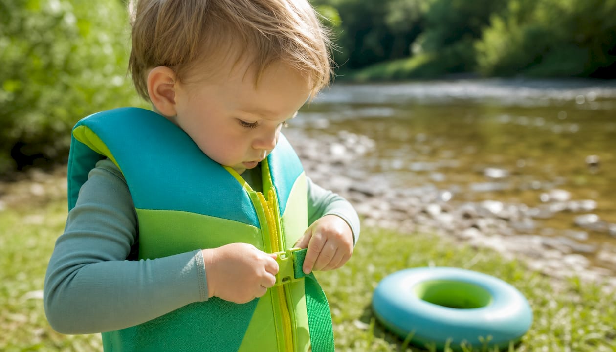 Kind richtet draußen seine Schwimmweste zurecht