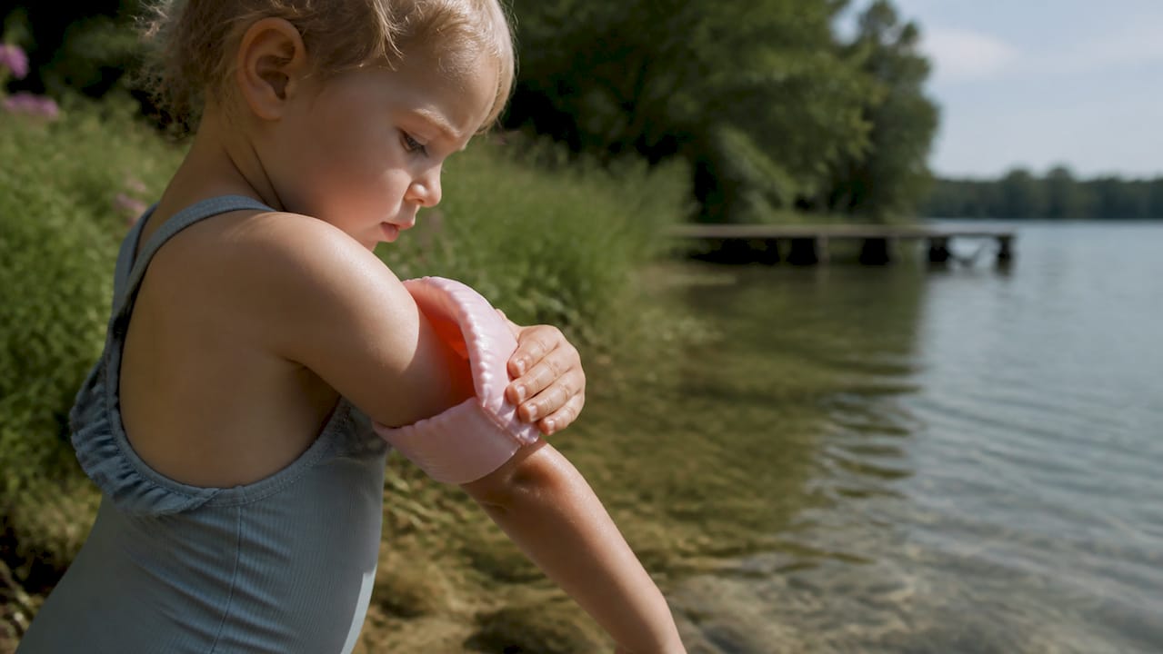 Kind passt im Pool die Schwimmflügel an