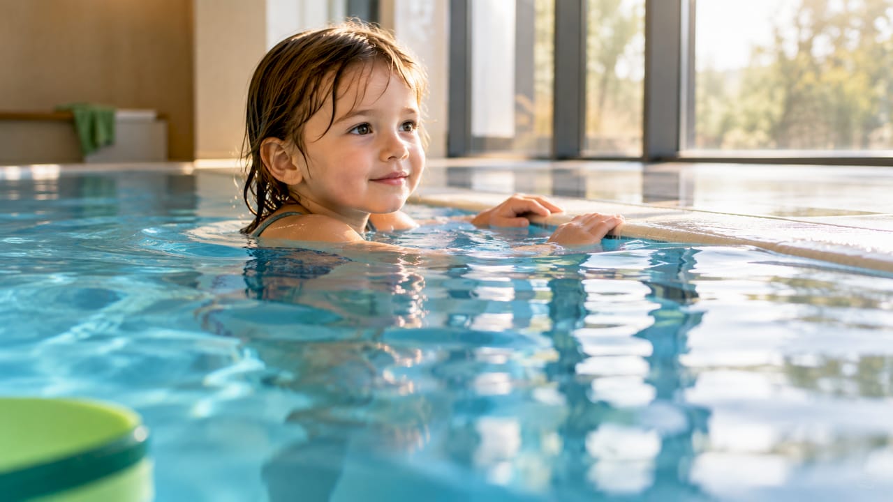 Kind spürt Auftrieb an der Wasseroberfläche